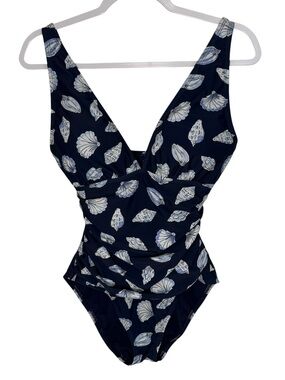Ellen Tracy Swimsuit Women One Piece Slimming Ruched V Neck Shells Blue Women 10